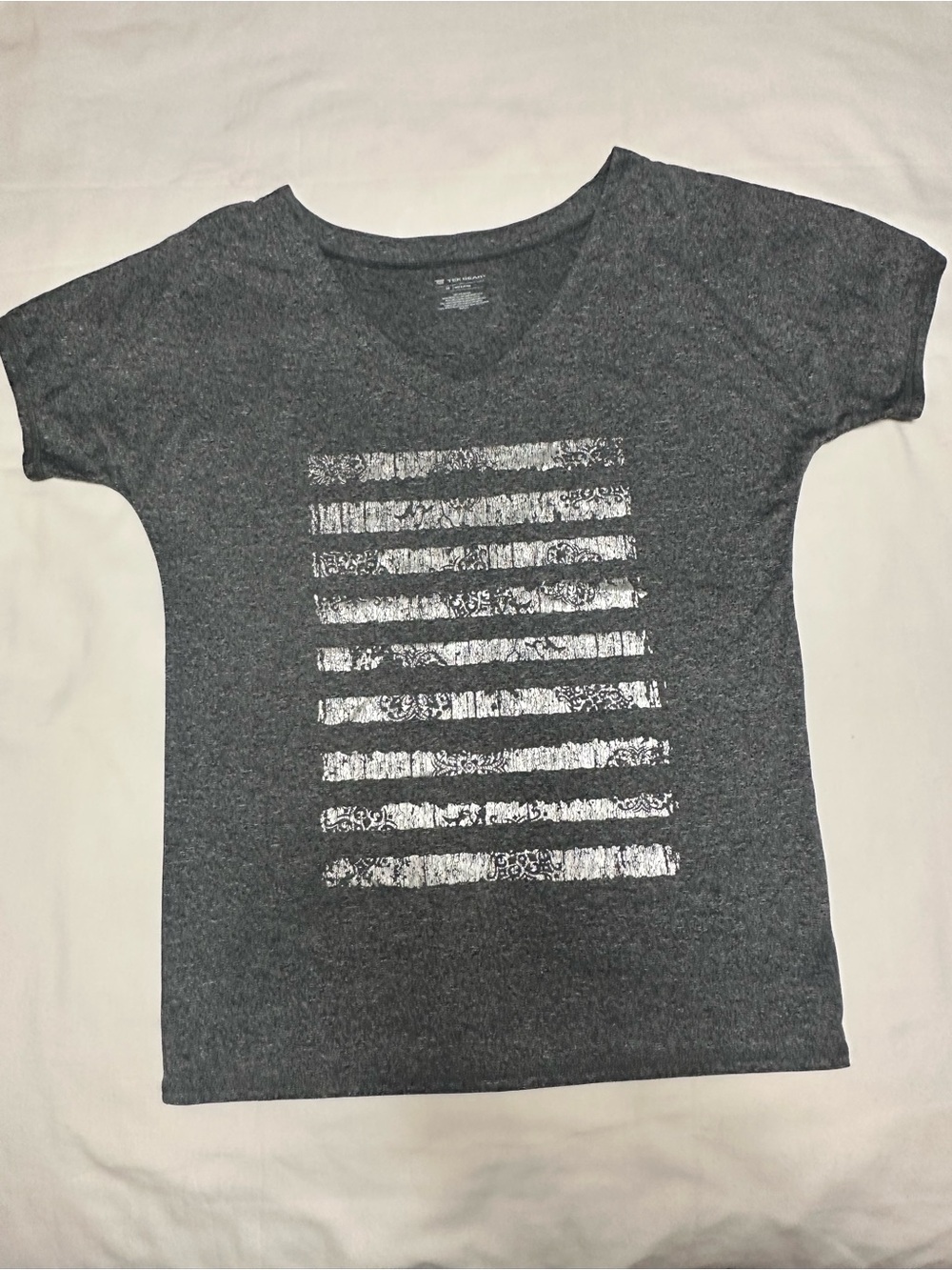 tek gear Wonen’s' Charcoal Gray Tee with Silver Stripe Print